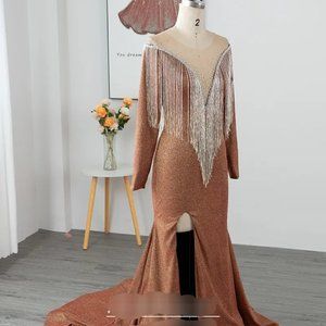 Beaded Tassel Brick Prom Dress